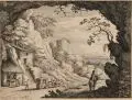 Matthäus I Merian, Felsentor mit Reisekutsche, 1622, Radierung auf Bütten mit großem Wasserzeichen