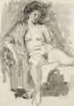 Friedrich Eisel, Sitzender weiblicher Akt. Ohne Jahr, Kohlestiftzeichnung, in Schwarz laviert, auf gelblichem Papier
