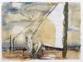 Konrad Maass, Unter dem Segel, 2000, Collage (verschiedene Papiere und Radierung) sowie Pastellkreide auf hellgrauem Bütten
