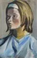 Curt Querner, Bildnis Inge Auxel mit blauem Haarband. Wohl 1964 oder 1969, Aquarell auf feinem Bütten mit Wasserzeichen u.re