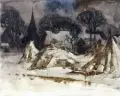 Günter Schmitz, Rügendorf mit Kirche, Aquarell