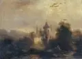 Franz Emile Herman Krause, Landschaft mit Turm. 2. H. 19. Jh, Öl auf Leinwand
