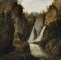 Herman Saftleven, (Nachfolge), Einsiedler in Gebirgslandschaft mit Wasserfall. Wohl spätes 18. Jh, Öl auf Kupfer