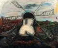 Andreas Thieme, Landschaft mit Windmühlen, 1993, Öl auf textilem Bildträger