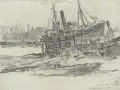 Alfred Kunze, Schiffswerft in Cuxhaven, Wohl 1912, Kohlezeichnung auf grünlichem Papier