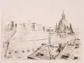 Kurt Scheibe, Dresden - Blick über Altstadtdächer auf die Kuppel der Frauenkirche, 1946, Radierung