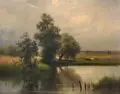 Emil Lugo, Landschaft mit Weiher und Weidevieh, 1867, Öl auf Holz