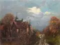 Jan Metzler, Dorfstraße mit Kirchturm, 1906, Öl auf Malpappe