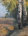 Hans Richard Heinmann, Landschaft mit Birken und Häusern. Ohne Jahr, Öl auf Leinwand, auf Malkarton aufgezogen