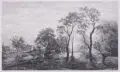 Charles Jacque, Charles Emile Jacque, Landschaft mit untergehender Sonne hinter Bauernhäusern und Kühen am Wasser, 1862, Radierung auf China, auf Kupferdruckpapier aufgewalzt, nach einer Aert van der Neer zugeschriebenen Skizze