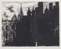 Claus Weidensdorfer, Fliegt der Engel weg ? Wohin?, 1993, Aquatintaradierung auf Bütten