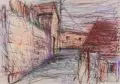 Hans Jürgen Hartmann, Kleinstadtgasse, 1987, Farbige Pastellkreide auf Zeichenpapier