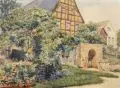 Eugen John, Fachwerkhof im Frühjahr. Ohne Jahr, Aquarell über Blei