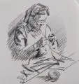 Richard Pusch, Strickerin, 1947, Kreidezeichnung in Schwarz auf beigefarbenem Velin