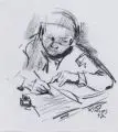 Richard Pusch, Frau beim Schreiben, 1947, Kreidezeichnung