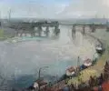 Paul Michaelis, Blick auf die Dr.-Rudolf-Friedrichsbrücke in Dresden., 1970, Öl auf Leinwand