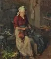 Ludwig Muhrmann, Magd beim Hühnerrupfen, 1925, Öl auf Leinwand