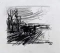 Richard Pusch, Landschaft mit pflügendem Bauer., 1947, Kreidezeichnung auf feinem Velin