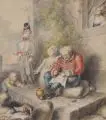 Johann Heinrich Ramberg, Frau und Kind mit Uniformierten, 1834, Aquarell auf "James Whatman"-Papier
