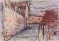 Hans Jürgen Hartmann, Kleinstadtgasse, 1987, Farbige Pastellkreide auf Zeichenpapier