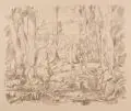 Otto Hettner, Arkadische Landschaft, Um 1920, Farblithographie in Graubraun auf chamoisfarbenem Papier
