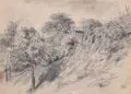 Charles Johann Palmié, (zugeschr.), Kleine Hütte zwischen Bäumen am Hang. Wohl spätes 19. Jh, Bleistiftzeichnung