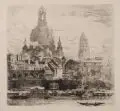 Walter Zeising, Blick auf die Frauenkirche und das Rathaus in Dresden, 1919, Kaltnadelradierung auf chamoisfarbenem Papier