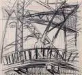 Lutz Fleischer, Blaues Wunder - Impression, 1984, Graphitzeichnung auf einer Kassenbuch-Seite