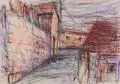 Hans Jürgen Hartmann, Kleinstadtgasse, 1987, Farbige Pastellkreide auf Zeichenpapier