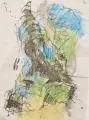 Gerda Lepke, Sitzender Akt mit Blau, Grün, Gelb, 1975, Federzeichnung in Tusche, gouachiert, auf hauchdünnem Japan