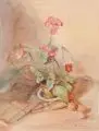 Karl Papesch, Stilleben mit roten Pelargonien und Physalis, 1945, Aquarell auf Torchon