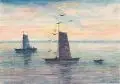 Johann Fritz Westermann, Fischerkähne im Sonnenuntergang, 1964, Aquarell und Kugelschreiberzeichnung
