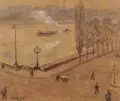 Albert Windisch, Am städtischen Flußufer, 1938, Farbkreidezeichnung auf dünnem Karton