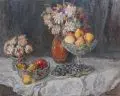 Walter Friederici, Stilleben mit Früchten und Sommerblumenstrauß. Ohne Jahr