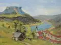 Erhard Hippold, Sächsische Schweiz - Blick zum Lilienstein mit Königsteiner Kirche. Wohl 1950er Jahre