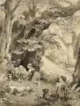 Carl Wilhelm Müller, Spielende Kinder mit Hunden im Wald, 1878, Lavierte Federzeichnung über Blei, partiell weiß gehöht
