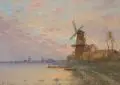 Theodor Rogge, Abendliche Flußlandschaft mit Windmühlen. Um 1870/ 1880, Gouache auf Torchon