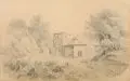 Friedrich Eugen Peipers, Italienische Landschaft mit Haus, 1854, Bleistiftzeichnung auf Papier