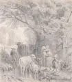 Friedrich Voltz, An der Tränke, 1867, Bleistiftzeichnung auf Velin