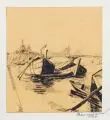 M. Brückner, Boote auf der Elbe mit Altstadtpanorama, 1920, Pinsel- und Federzeichnung in Tusche über Bleistift und Kohle auf gelbem Papier