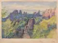 Hans Busse, Sechs Landschaftsdarstellungen von Pillnitz, Loschwitz und dem Elbsandsteingebirge. 1953/ 1954, Aquarelle und eine Mischtechnik (Faserstift, Gouache und farbige Pastellkreide)
