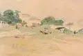 Wilhelm Eller, Dresden - Neustädter Elbwiese mit Blick auf die Augustusbrücke. 1. H. 20. Jh, Aquarell auf Velin