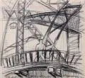 Lutz Fleischer, Blaues Wunder - Impression, 1984, Graphitzeichnung auf einer Kassenbuch-Seite