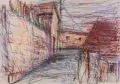 Hans Jürgen Hartmann, Straßenzug mit Häusern, 1987, Farbige Pastellkreide auf Zeichenpapier
