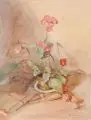 Karl Papesch, Stilleben mit roten Pelargonien und Physalis, 1945, Aquarell auf Torchon