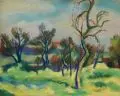 Johannes Sack, Wiesenlandschaft mit Bäumen, 1925, Farbige Pastellkreide auf Malkarton