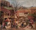Otto Schubert, Dorfkirmes in der Sächsischen Schweiz mit Blick auf das Elbtal und die Tafelberge. Frühe 1950er Jahre, Öl auf Leinwand
