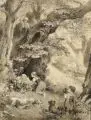 Carl Wilhelm Müller, Spielende Kinder mit Hunden im Wald, 1878, Lavierte Federzeichnung über Blei, partiell weiß gehöht