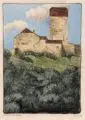 Leon Pohle, Schloss Sargans, 1892, Aquarell und Kohlezeichnung auf dünnem Karton