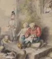 Johann Heinrich Ramberg, Frau und Kind mit Uniformierten, 1834, Aquarell auf "James Whatman"-Papier
